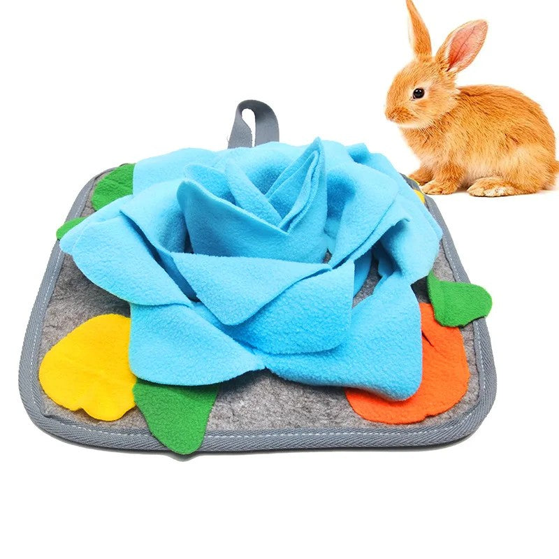 Lapin devant un tapis de fouille bleu en polaire, pétales superposés sur semelle grise