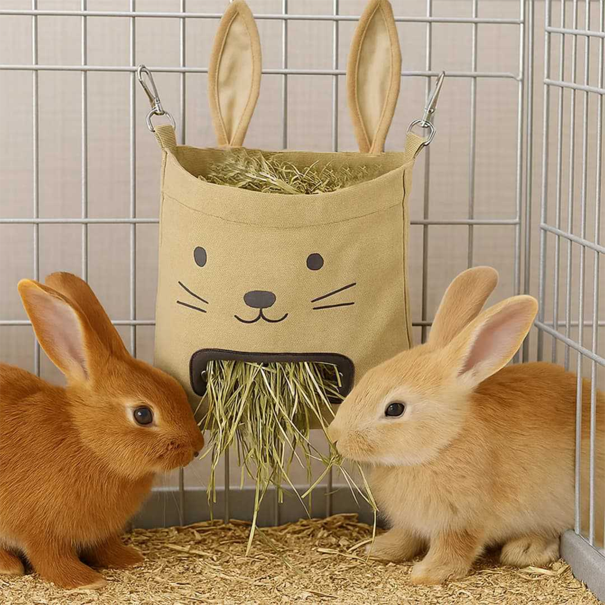 Deux lapins mangeant à un sac à foin en toile kaki suspendu aux barreaux