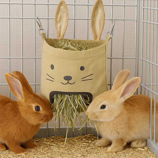 Deux lapins mangeant à un sac à foin en toile kaki suspendu aux barreaux