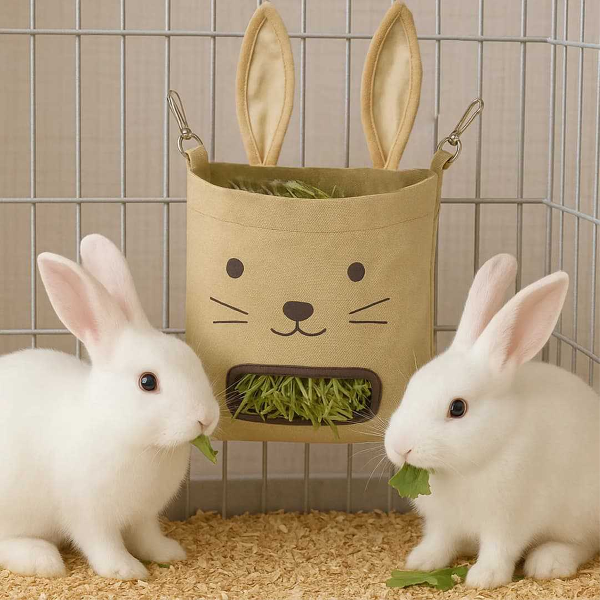 Deux lapins blancs mangeant à un sac à foin en toile suspendu dans leur cage