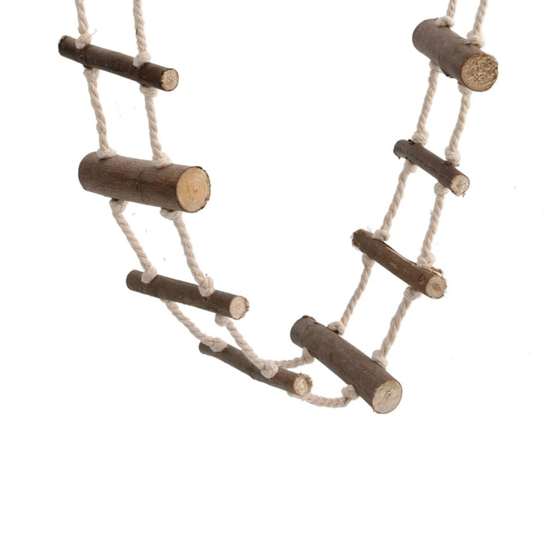Détail des barreaux en bois brut, écorce conservée, noués entre les deux cordes de coton