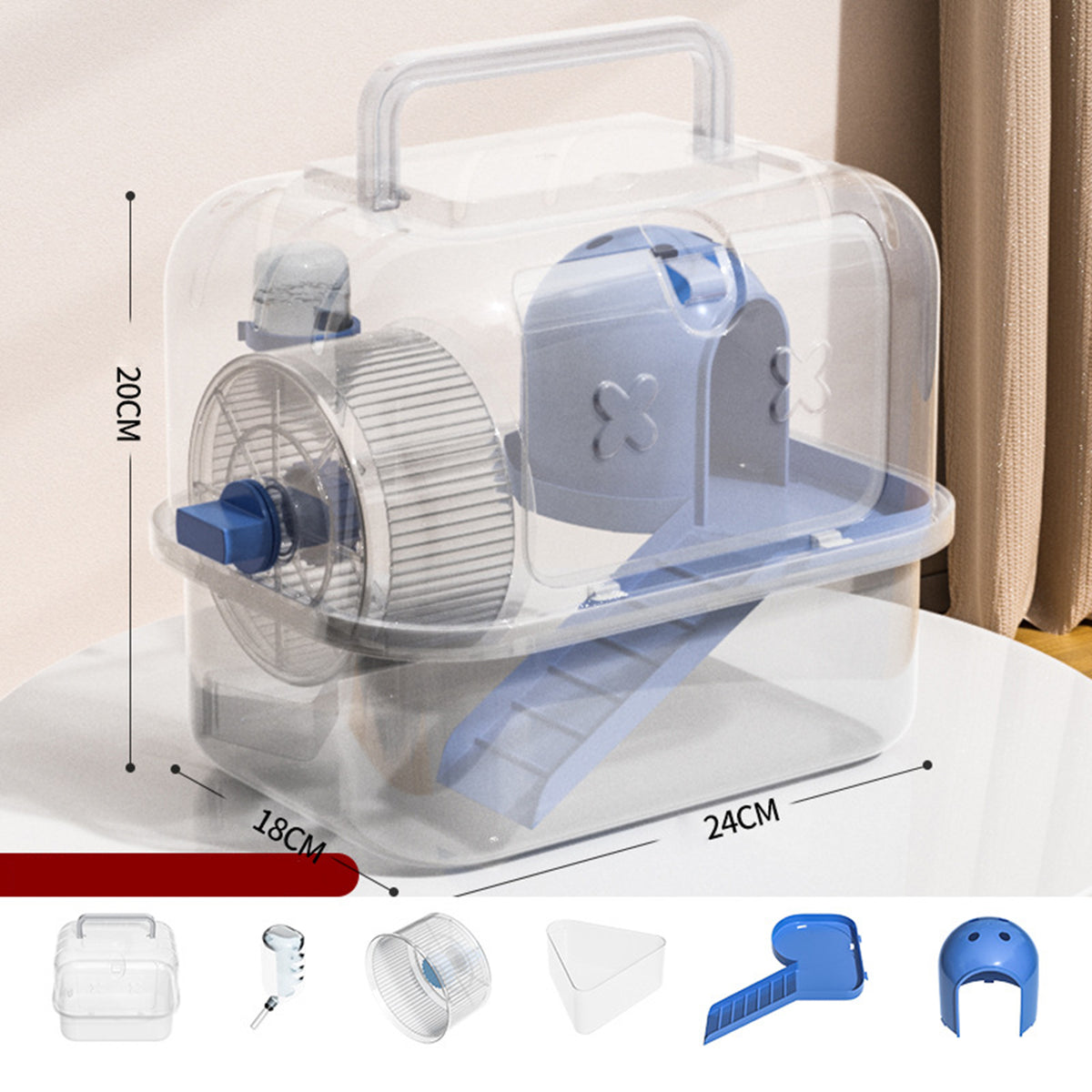 La cage bleue et les accessoires fournis