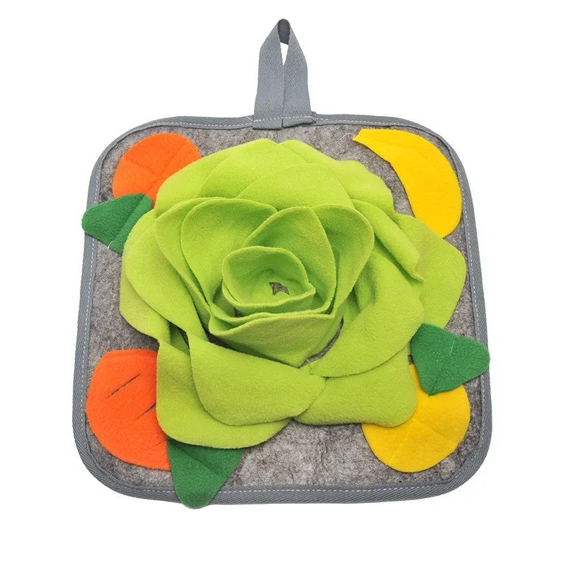 Tapis de fouille vert pour lapin, pétales de polaire et bordure grise