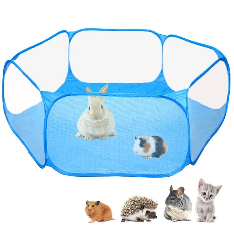 Parc pop-up hexagonal bleu avec un lapin et un cochon d'Inde à l'intérieur