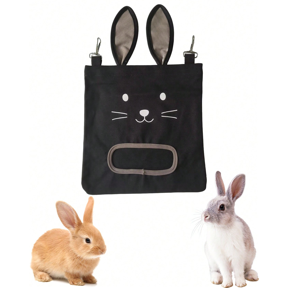 Sac à foin en toile noire à oreilles, fente frontale renforcée, avec deux lapins