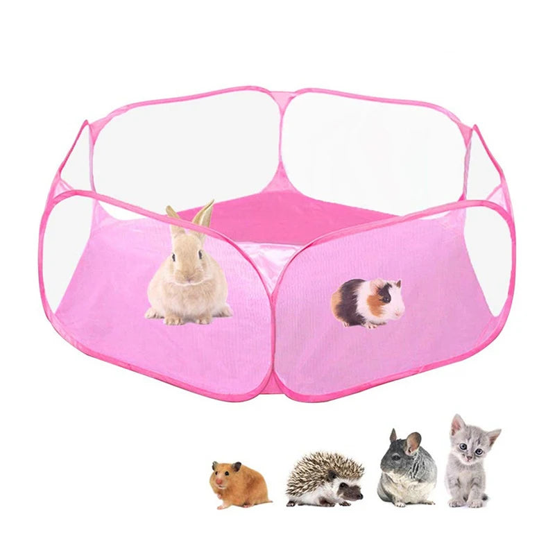 Parc pop-up hexagonal rose avec un lapin et un cochon d'Inde à l'intérieur